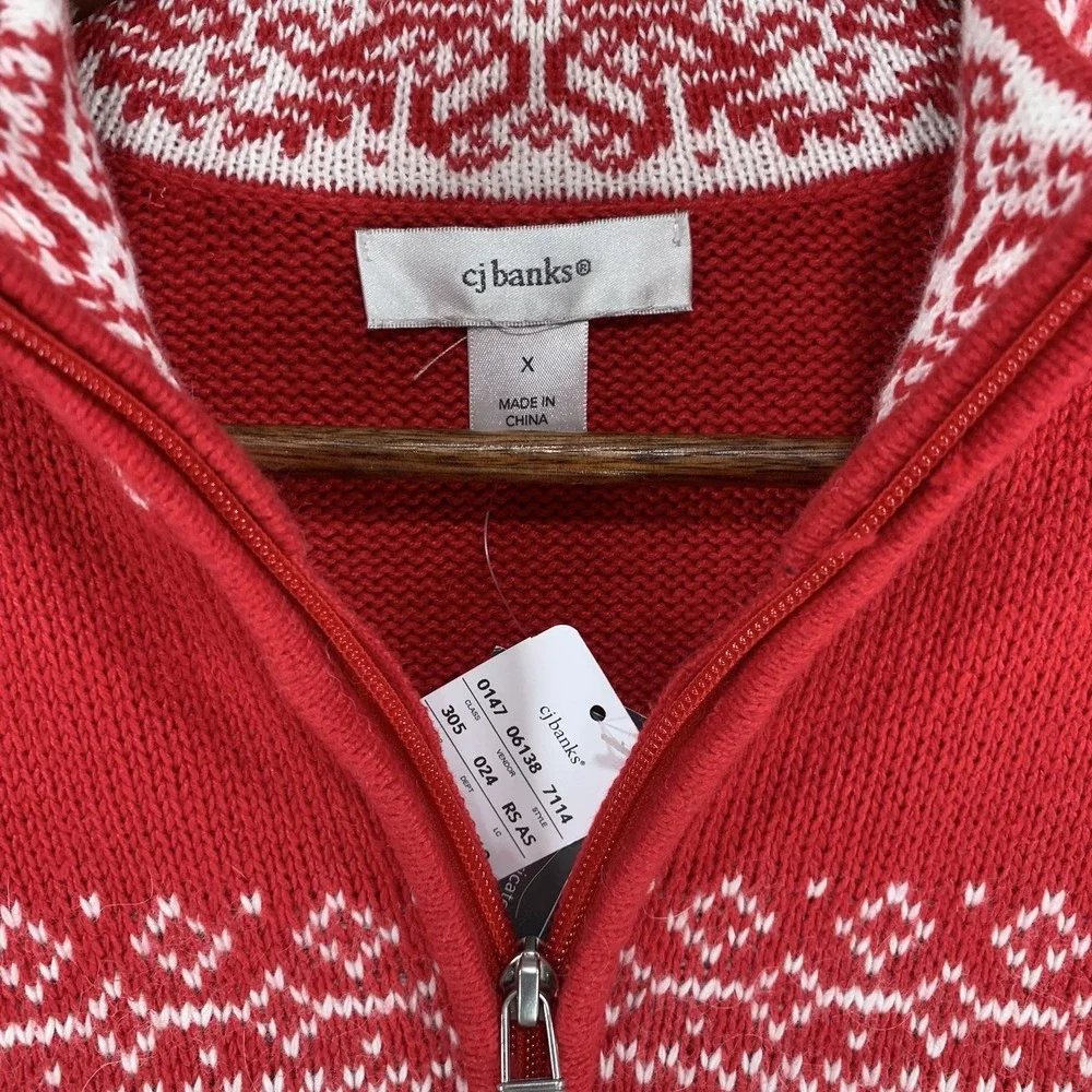 New CJ Banks 14W‎ X Christmas 1/4 Zip Pullover Sweater Fair Aisle Snowflakes Red